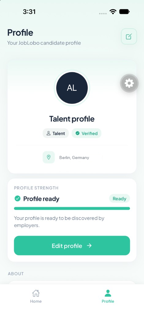 JobLobo profile screen showing a sample talent profile, a verified badge, and a full profile strength bar.