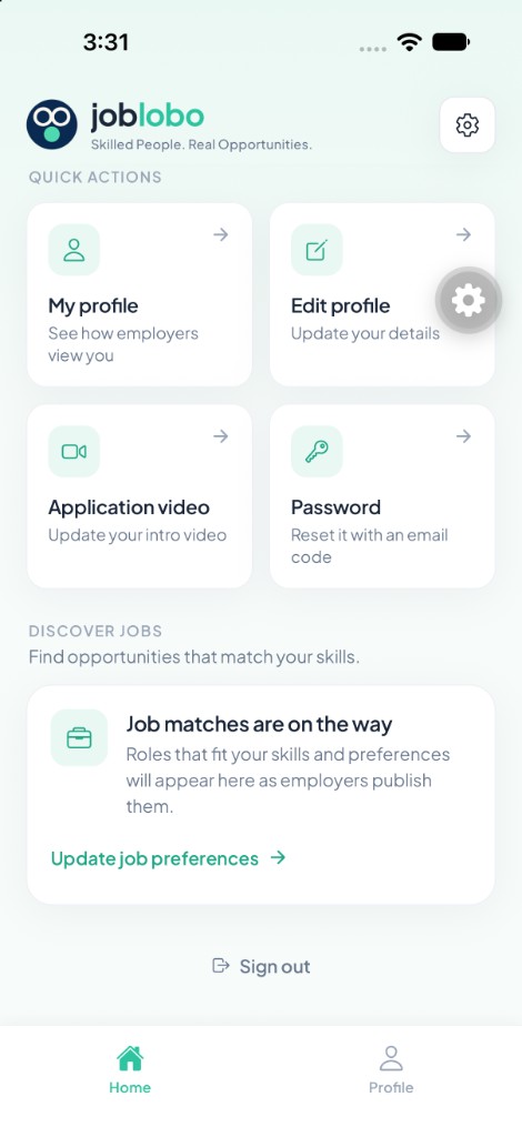 JobLobo home screen with quick actions for profile, intro video and password, plus a discover jobs card.