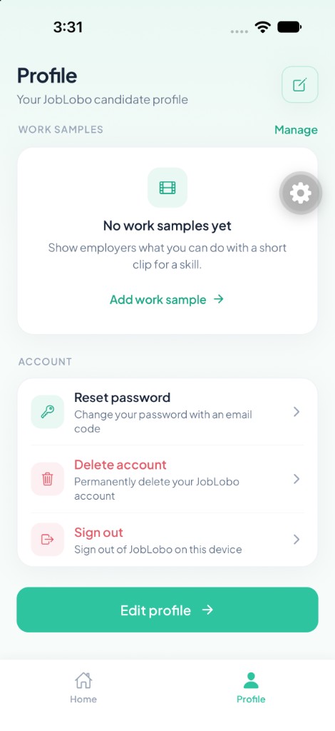 JobLobo profile screen with a work samples empty state and account settings for password, account and sign out.